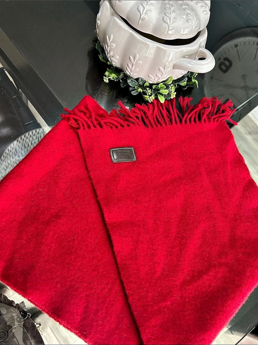Coach 100% Cashmere Fringe Scarf with Leather Logo Patch, Red